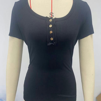 Women's Short Sleeve T Shirts Button Down Slim Fit Tops Scoop Neck Ribbed Knit Shirts