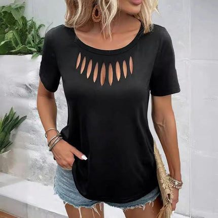 Women's Casual Cut Out Short Sleeve T Shirts Crew Neck Summer Tops