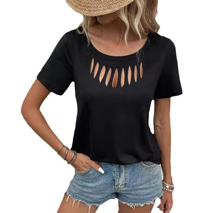 Women's Casual Cut Out Short Sleeve T Shirts Crew Neck Summer Tops