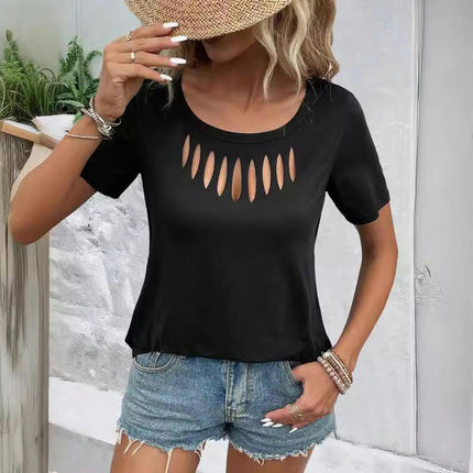 Women's Casual Cut Out Short Sleeve T Shirts Crew Neck Summer Tops