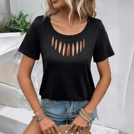 Women's Casual Cut Out Short Sleeve T Shirts Crew Neck Summer Tops