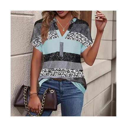 Women Summer V Neck Printed Tops Short Sleeve Casaul Loose Blouses