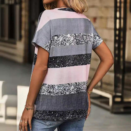 Women Summer V Neck Printed Tops Short Sleeve Casaul Loose Blouses