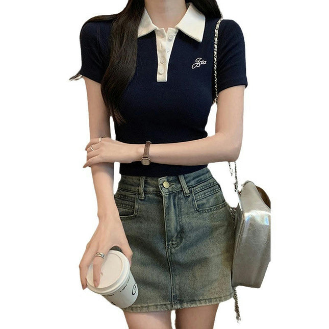 Blouses for Women Summer Short Sleeve Color Block Tops Button Up Collared Polo Shirt