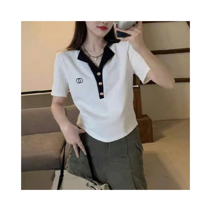 Womens Casual Tops V Neck Button Down Short Sleeve Color Block Polo Shirt