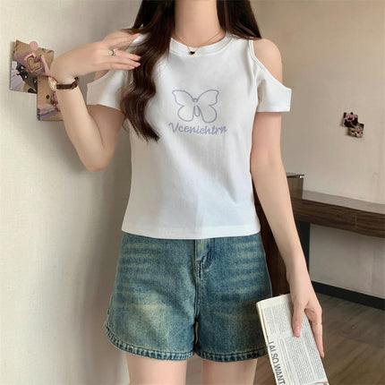 Women's Short Sleeve Shirts Cold Shoulder Tops Crew Neck Blouse Shirts