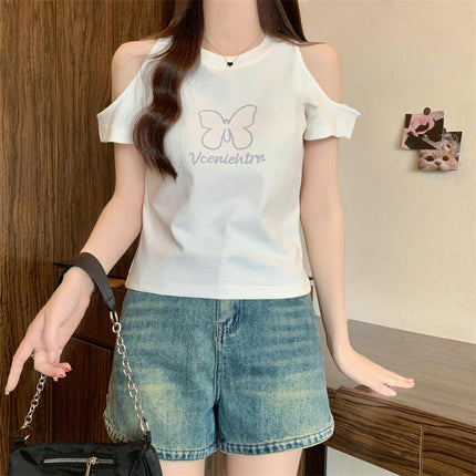 Women's Short Sleeve Shirts Cold Shoulder Tops Crew Neck Blouse Shirts