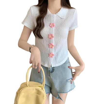 Women's Summer Collared Button Down Short Sleeve Slim Fit Crop Polo Shirt