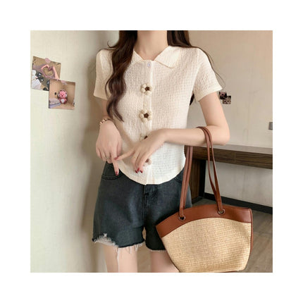 Women's Summer Collared Button Down Short Sleeve Slim Fit Crop Polo Shirt