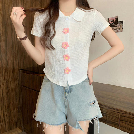 Women's Summer Collared Button Down Short Sleeve Slim Fit Crop Polo Shirt