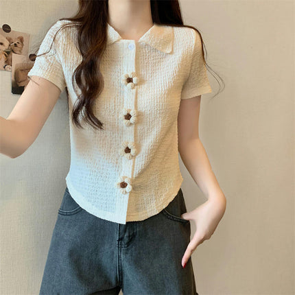 Women's Summer Collared Button Down Short Sleeve Slim Fit Crop Polo Shirt