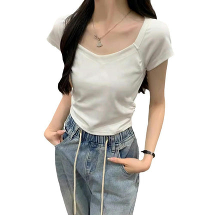 Womens Short Sleeve V Neck Crop Tops with Side Shirring Slim Fit Shirts