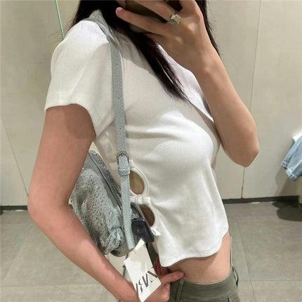 Women's Short Sleeve Round Neck Cut Out Crop Top Slim Fit Tee Shirt