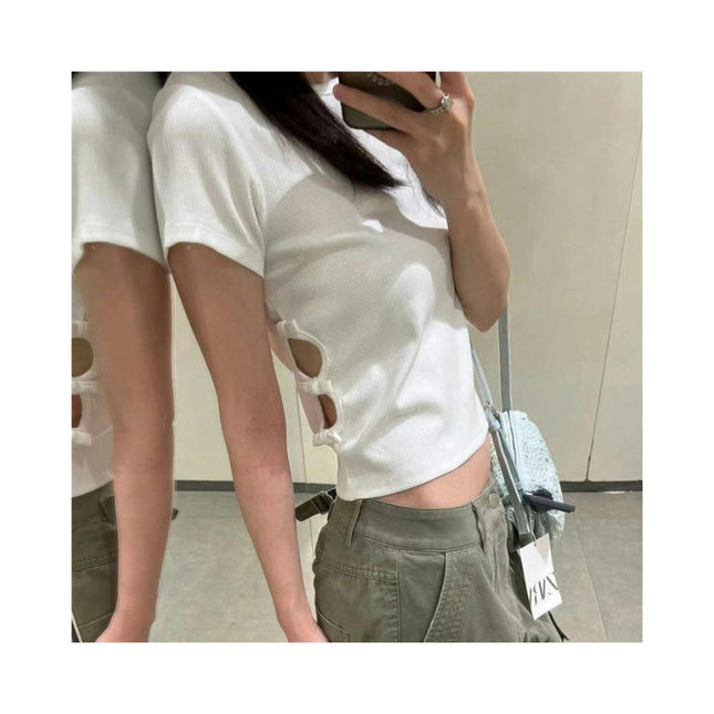 Women's Short Sleeve Round Neck Cut Out Crop Top Slim Fit Tee Shirt