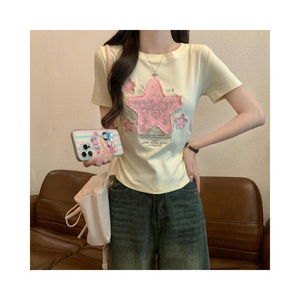 Women's Short Sleeve Crewneck T Shirt Summer Embroidery Slim Fit Casual Crop Tops