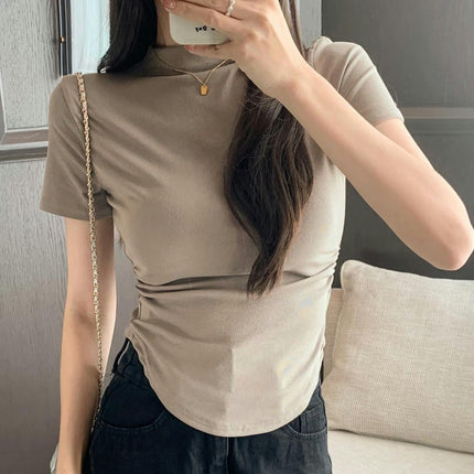 Women Short Sleeve Tshirts High Neck Slim Fit Tee Summer Ruched Side Top