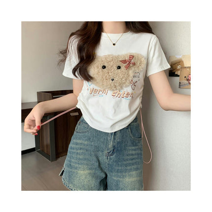 Women Short Sleeve Crew Neck Slim Fit Tee Summer Drawstring Side Crop Top