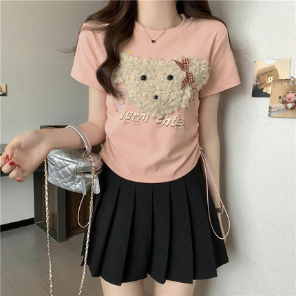 Women Short Sleeve Crew Neck Slim Fit Tee Summer Drawstring Side Crop Top