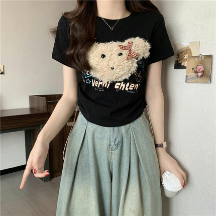 Women Short Sleeve Crew Neck Slim Fit Tee Summer Drawstring Side Crop Top