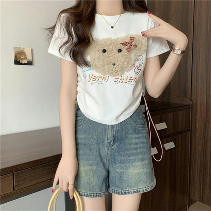 Women Short Sleeve Crew Neck Slim Fit Tee Summer Drawstring Side Crop Top