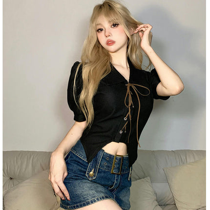 Women Puff Short Sleeve Collared Slim Fit Tee Tie Asymmetrical Hem Crop Top