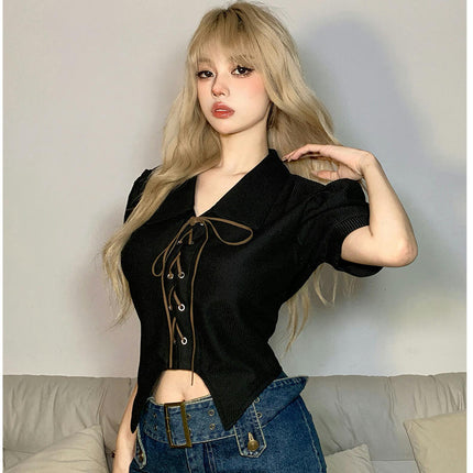 Women Puff Short Sleeve Collared Slim Fit Tee Tie Asymmetrical Hem Crop Top