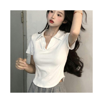 Womens Summer Crop Tops Casual Short Sleeve Collared Polo T-Shirts Slim Fit Blouses