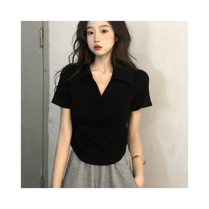 Womens Summer Crop Tops Casual Short Sleeve Collared Polo T-Shirts Slim Fit Blouses