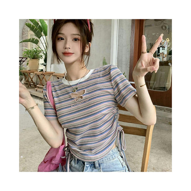 Womens Stripes Crop Tops Summer Short Sleeve Crew Neck Drawstring Slim Fit T Shirt