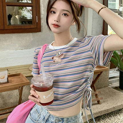 Womens Stripes Crop Tops Summer Short Sleeve Crew Neck Drawstring Slim Fit T Shirt