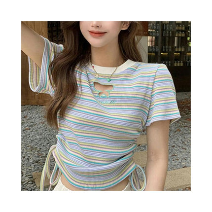 Womens Stripes Crop Tops Summer Short Sleeve Crew Neck Drawstring Slim Fit T Shirt