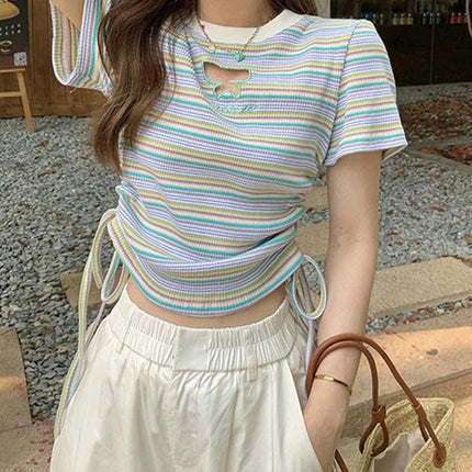 Womens Stripes Crop Tops Summer Short Sleeve Crew Neck Drawstring Slim Fit T Shirt