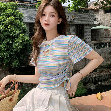 Womens Stripes Crop Tops Summer Short Sleeve Crew Neck Drawstring Slim Fit T Shirt