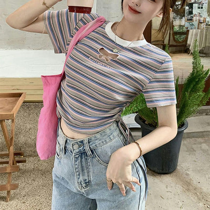 Womens Stripes Crop Tops Summer Short Sleeve Crew Neck Drawstring Slim Fit T Shirt