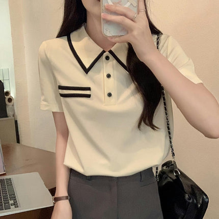 Women Casual Tops Summer Short Sleeve Color Block Button Up Collared Polo Shirt