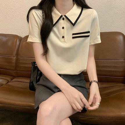 Women Casual Tops Summer Short Sleeve Color Block Button Up Collared Polo Shirt