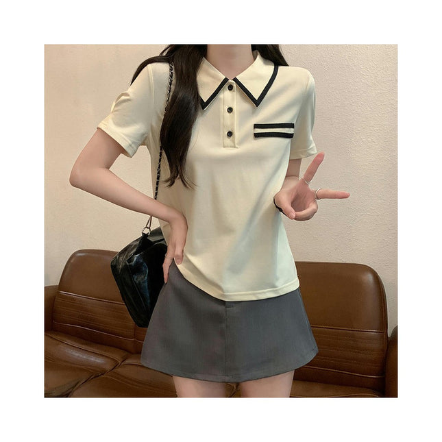 Women Casual Tops Summer Short Sleeve Color Block Button Up Collared Polo Shirt