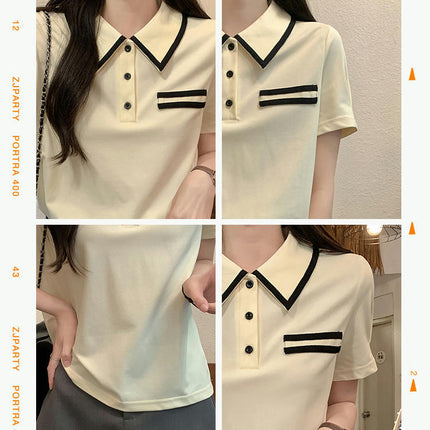 Women Casual Tops Summer Short Sleeve Color Block Button Up Collared Polo Shirt