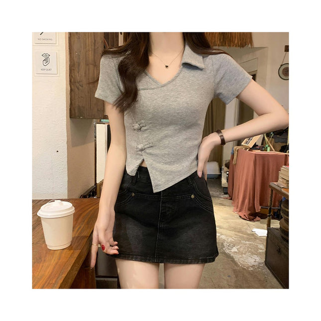 Womens V Neck Collared Short Sleeve Shirts Summer Fitted Asymmetrical Hem Crop Top