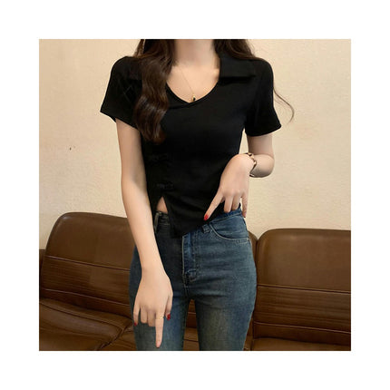 Womens V Neck Collared Short Sleeve Shirts Summer Fitted Asymmetrical Hem Crop Top