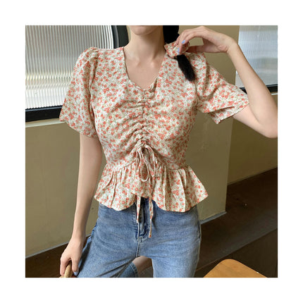 Womens Summer Floral Printed Short Sleeve Blouses V Neck Pleated Tie Front T Shirts Tops