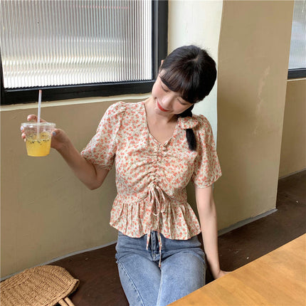 Womens Summer Floral Printed Short Sleeve Blouses V Neck Pleated Tie Front T Shirts Tops