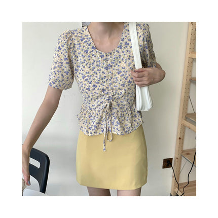 Womens Summer Floral Printed Short Sleeve Blouses V Neck Pleated Tie Front T Shirts Tops