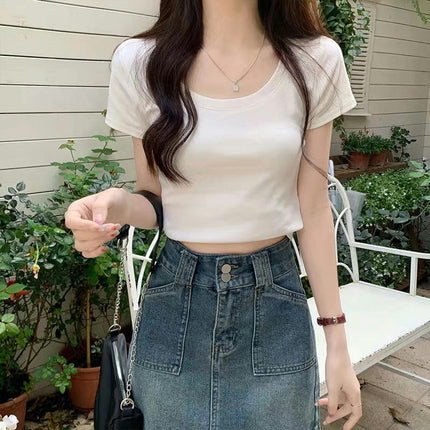 Women Crop Tops Short Sleeve Crewneck T-shirts Summer Fitted Basic Tees