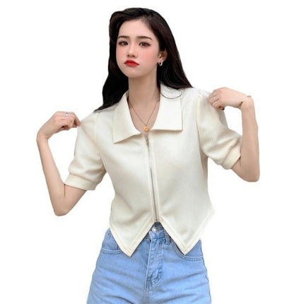 Womens Summer Crop Tops Casual Short Sleeve Collared Polo Shirts Zipper Slim Fit Blouses