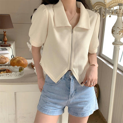 Womens Summer Crop Tops Casual Short Sleeve Collared Polo Shirts Zipper Slim Fit Blouses