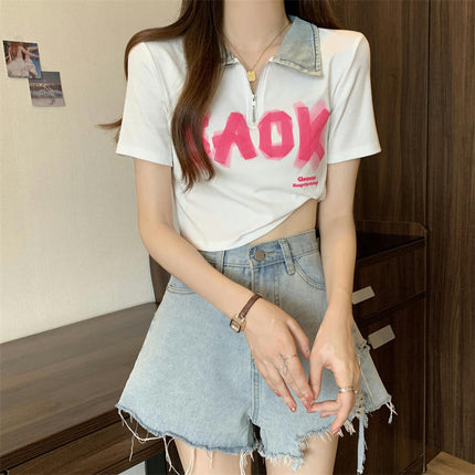 Womens Summer Zipper Slim Fit Printed Crop Tops Casual Short Sleeve Collared Polo Shirts