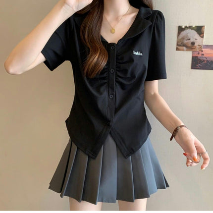 Women's Ruched Short Sleeve T-Shirts Asymmetrical Button Up Crop Tops