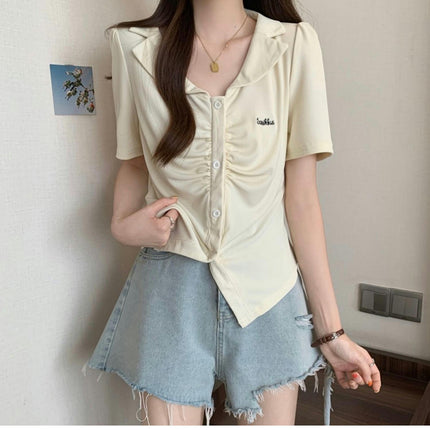 Women's Ruched Short Sleeve T-Shirts Asymmetrical Button Up Crop Tops