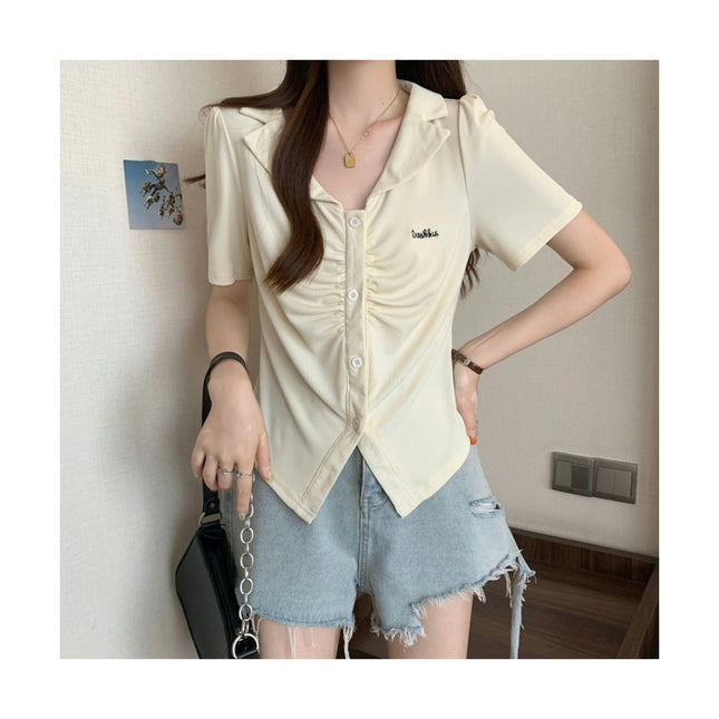 Women's Ruched Short Sleeve T-Shirts Asymmetrical Button Up Crop Tops